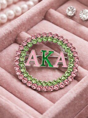 AKA Inspired Rhinestone Circle Brooch Pin Sorority Statement Jewelry